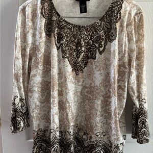 Alfred Dunner Cream and Brown Patterned Blouse
